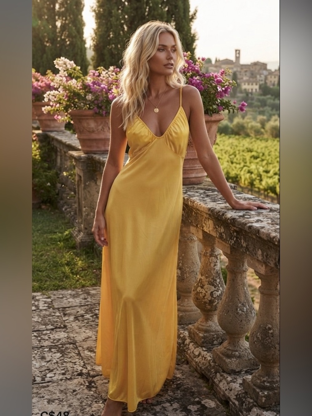 Kayanna Yellow Nylon Maxi Nightgown Slip Dress Vintage tagged M fits small